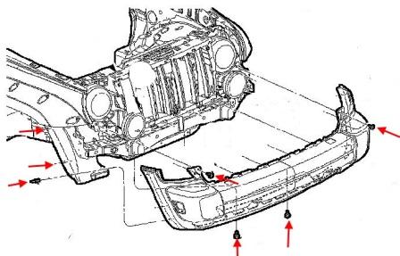 the scheme of fastening to front bumper Jeep Cherokee KJ Liberty (2001-2007)
